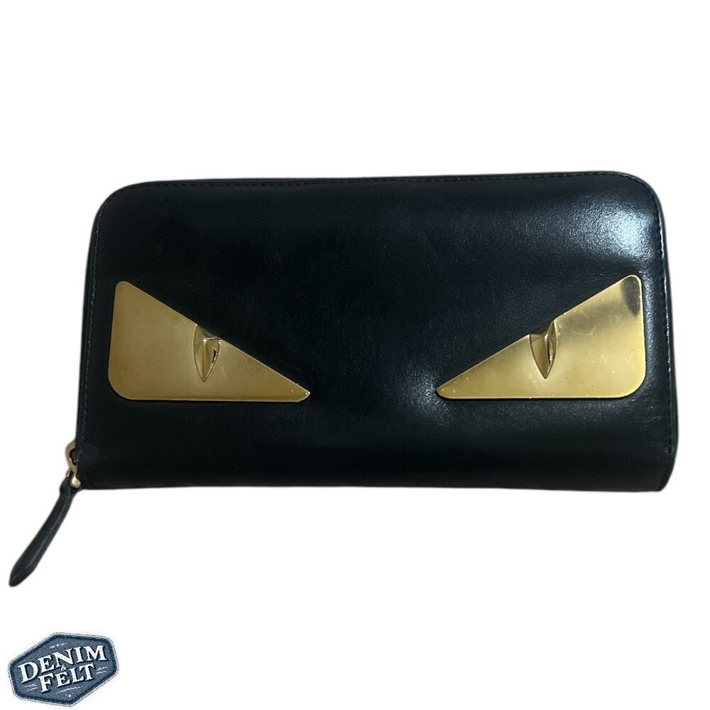 FENDI Black BUG BUGS EYE Calfskin Leather Long Zip Around Continental Wallet